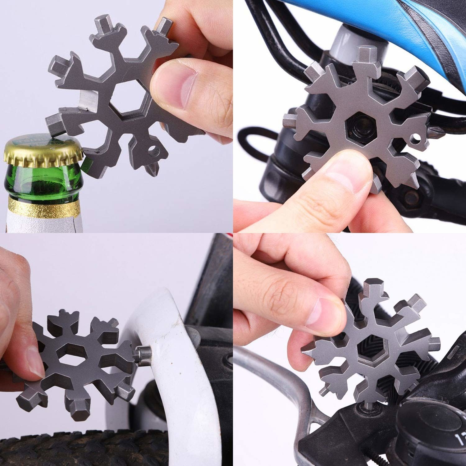 Four images of a person using the tool to fix and open things