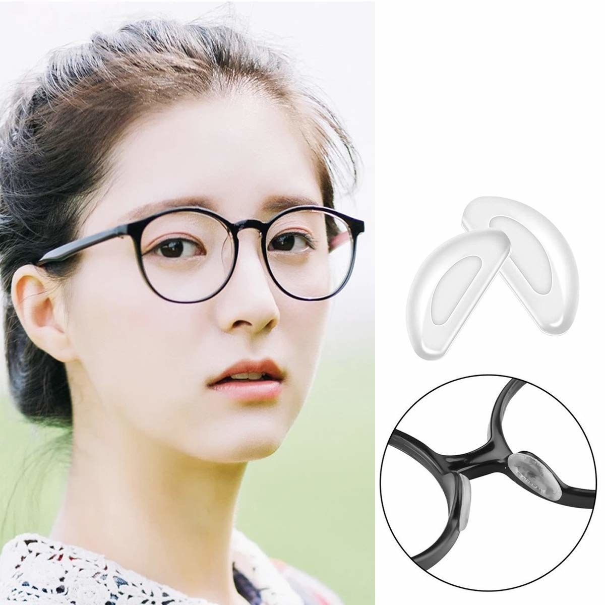 A person wears a pair of glasses with the nose pads in a bubble on the right