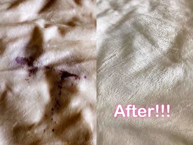 A split image showing a fuzzy white blanket with a large wine stain on the left, and the same fuzzy white blanket stain-free with text that reads &quot;After!!!&quot; 