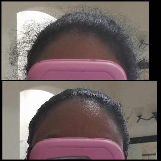 A reviewer's before/after of a ponytail with flyaways, and then all the flyaways smoothed back