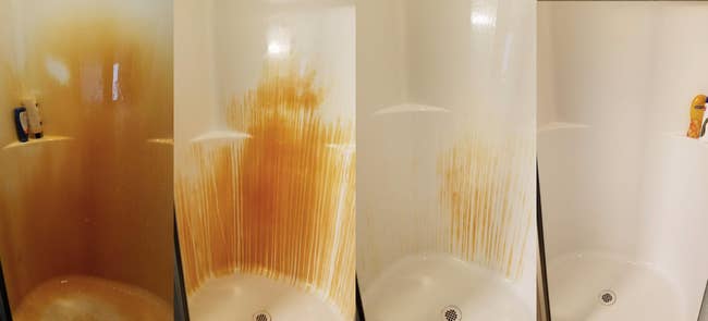 four images that show a very orange shower gradually losing all orange rust stains