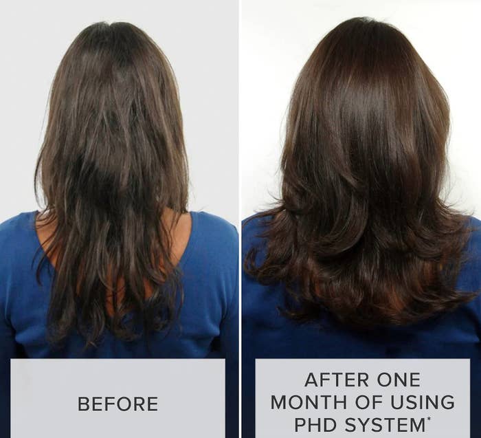 A before photo with flatter, dryer-looking hair and an after photo showcasing voluminous, shiny hair after using the product