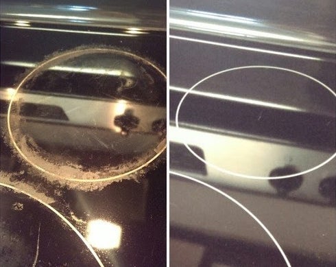 Before and after of reviewer&#x27;s crusted stovetop looking shiny and clean thanks to the cleaner