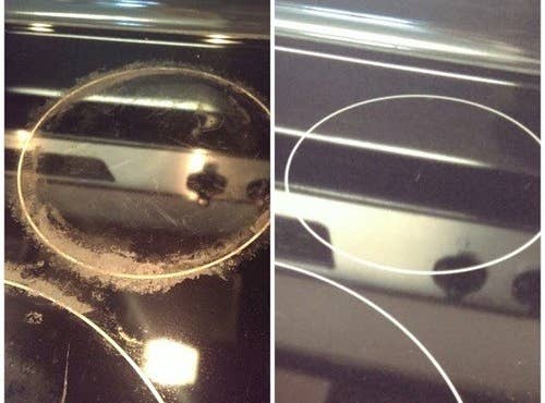 Before and after of reviewer's crusted stovetop looking shiny and clean thanks to the cleaner