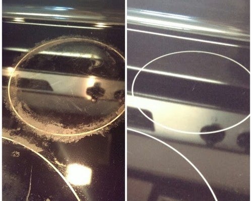 Before and after of reviewer&#x27;s crusted stovetop looking shiny and clean thanks to the cleaner
