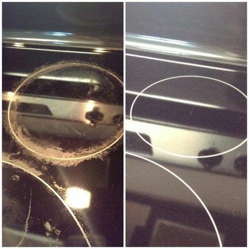 Before and after of reviewer's crusted stovetop looking shiny and clean thanks to the cleaner