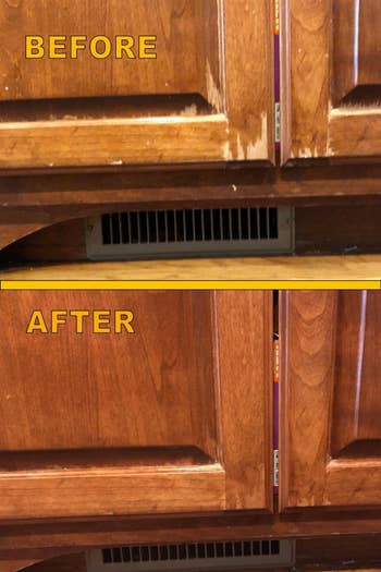 Before photo of a scratched, worn cabinet and after photo of same cabinet that has been polished and has no noticeable scratches