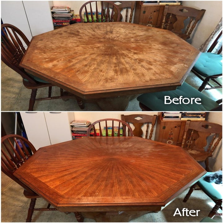 Before photo of table that's faded and has water damage and after photo of same table that has been polished and looks brand new