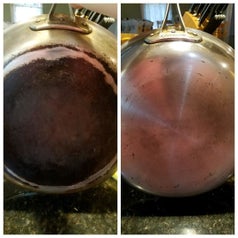 reviewer's before pic of a burnt bottom of a pan, then a completely refreshed bottom of the pan