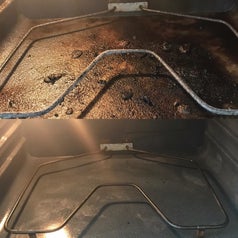 Reviewer's before and after photos of a dirty and clean oven