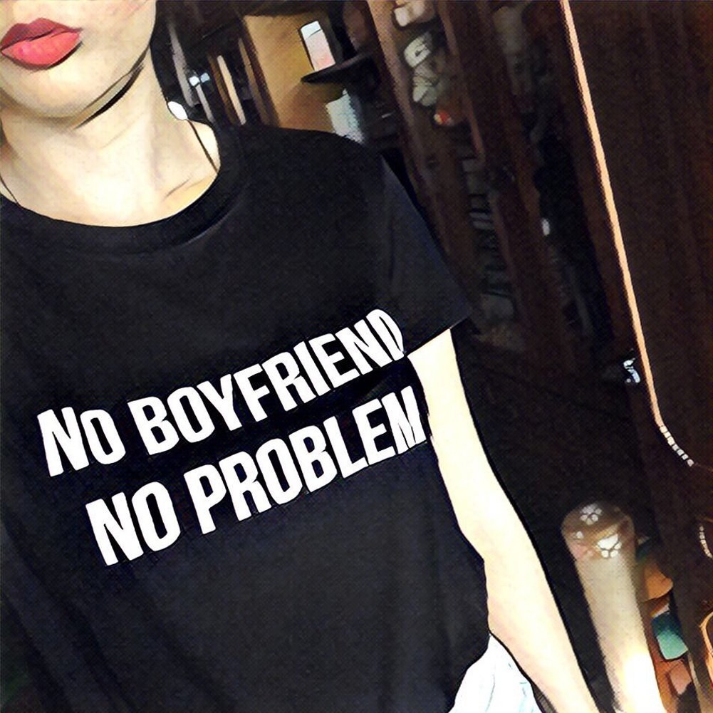 reviewer wears tee that says no boyfriend no problem