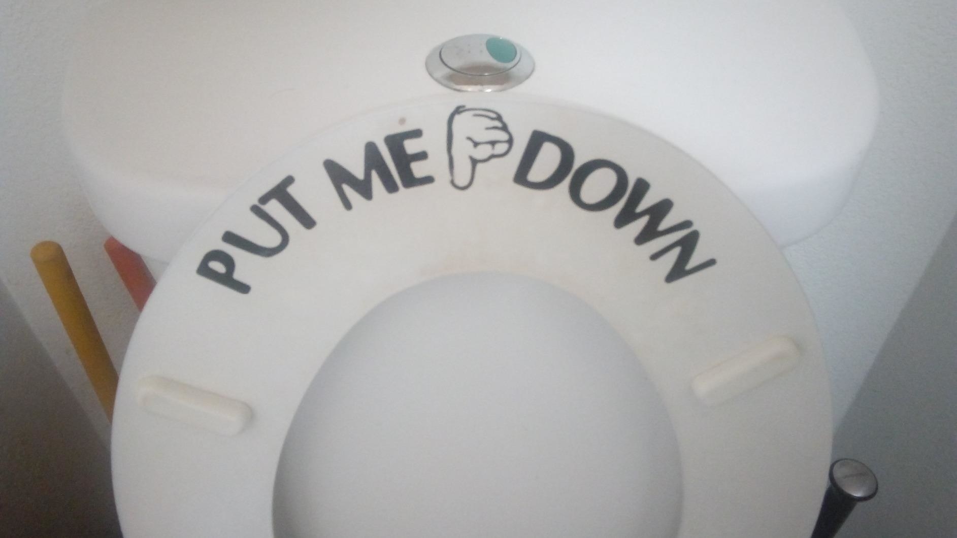 sticker on toilet seat that says &quot;put me down&quot; 