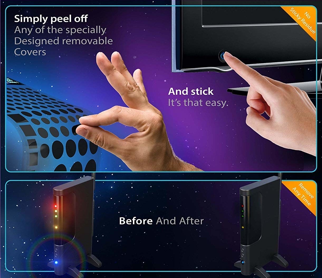 Infographic showing the stickers being placed on electronics with bright lights and dimming the brightness