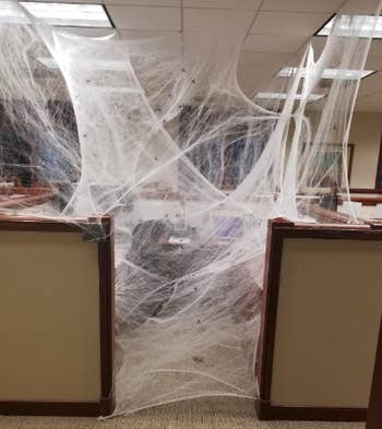 Room covered in fake spiderwebs decorations
