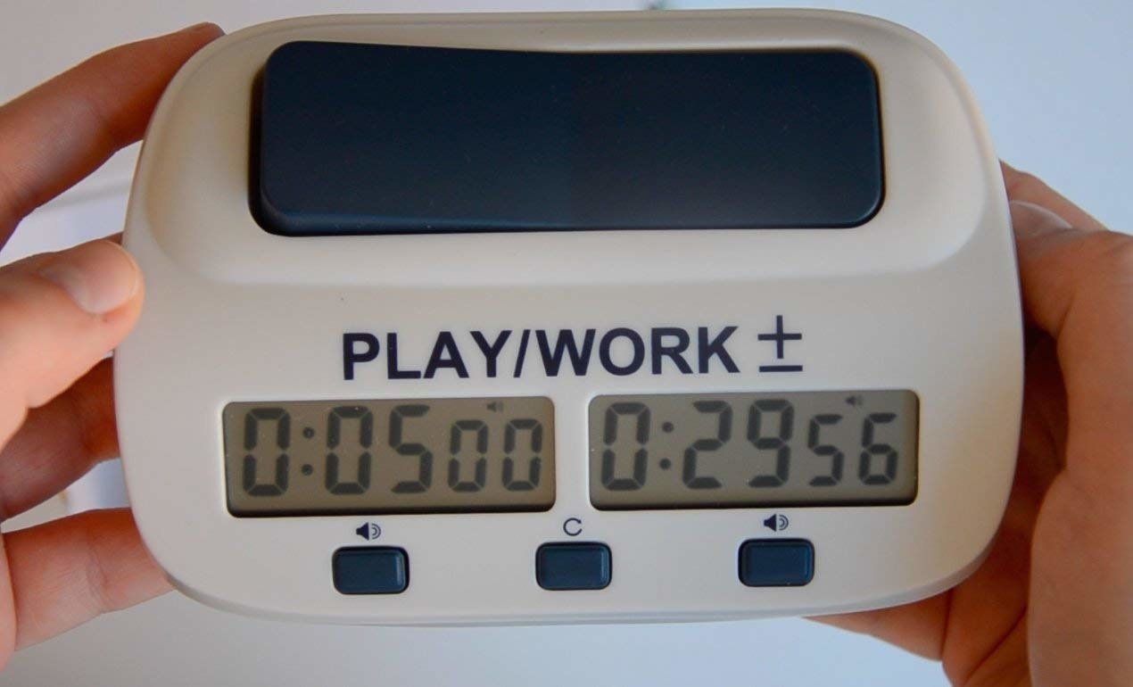 A photo of the timer with a side for timing breaks and a side for timing work