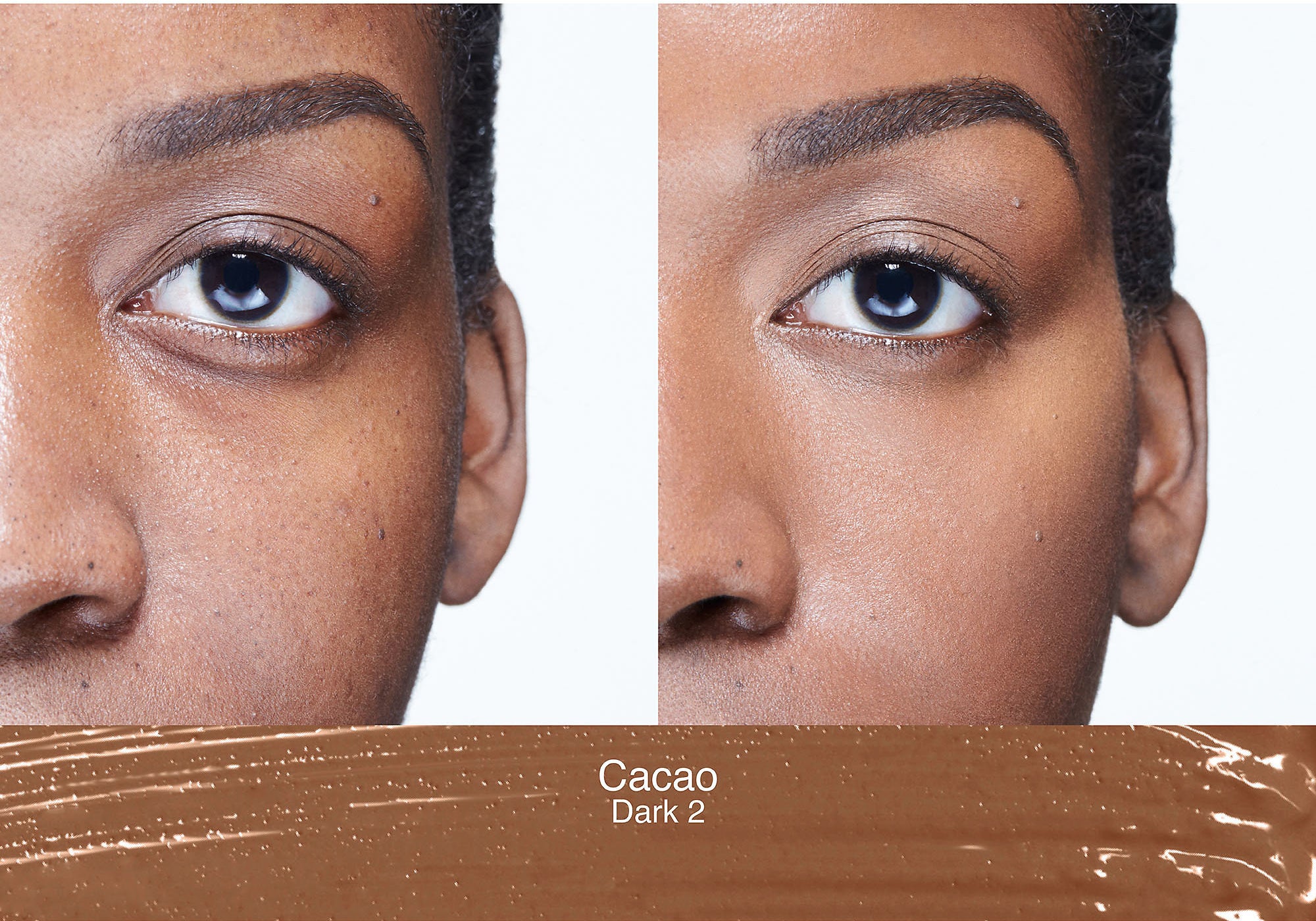 A model with dark circles and uneven skin on the left, the same model on the right with no dark circles and evened out skin