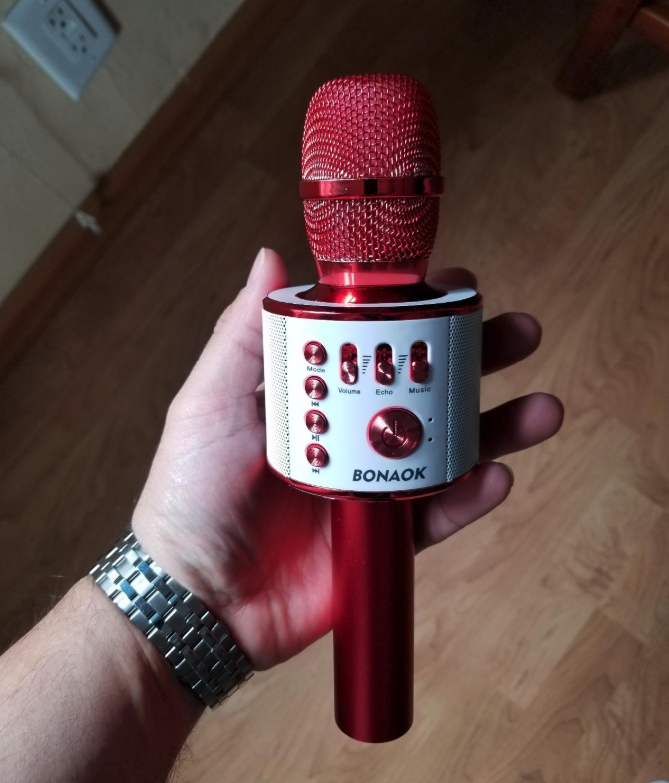 Reviewer holding mic in red