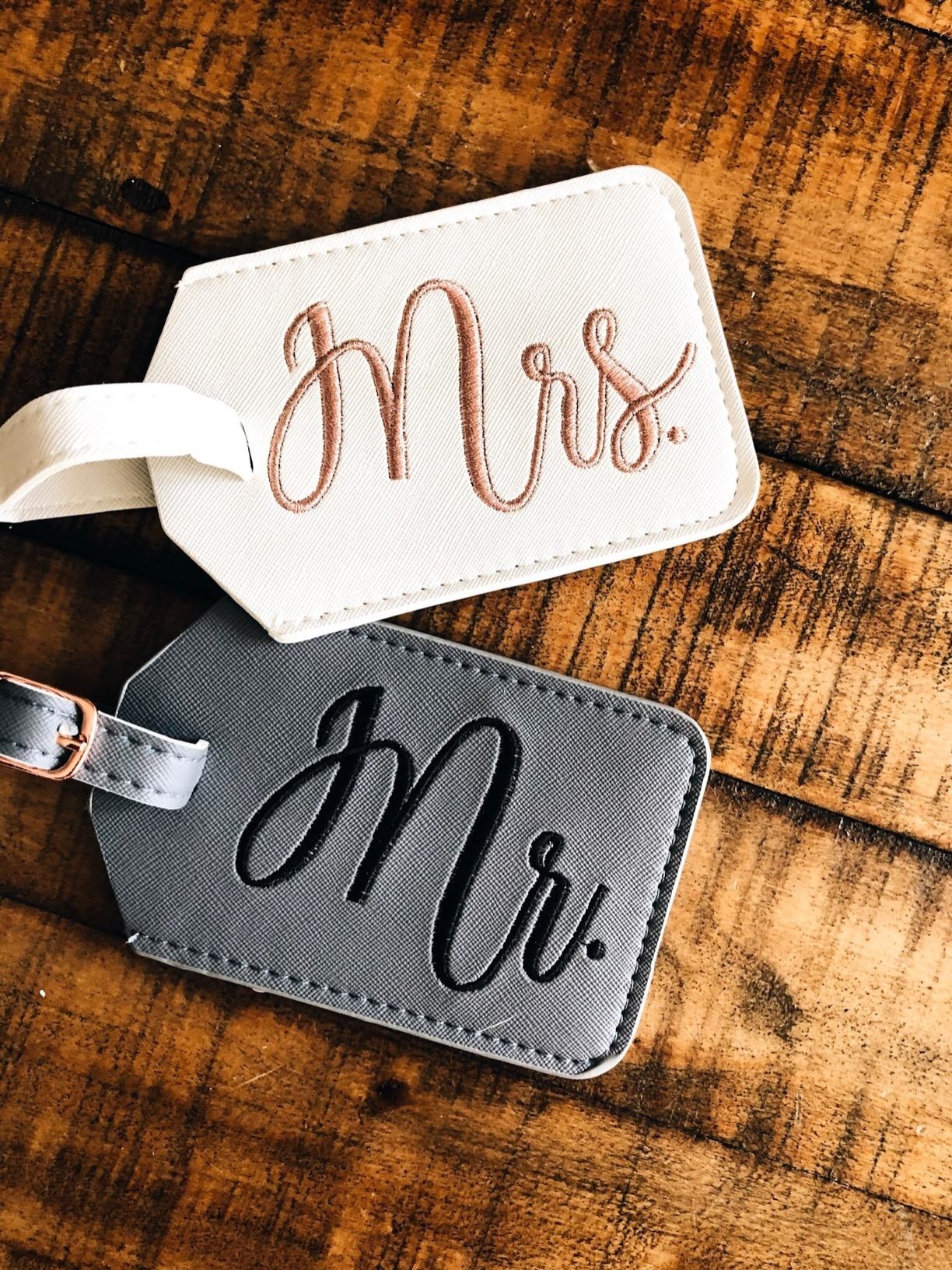 Embroidered luggage tags with &quot;Mr.&quot; and &quot;Mrs.&quot;