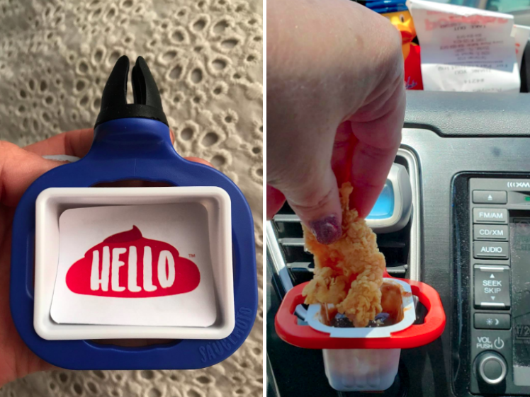 Two reviewer images of the clip, with one photo showing the clip attached to the car vent and a reviewer dipping fried chicken into barbecue sauce