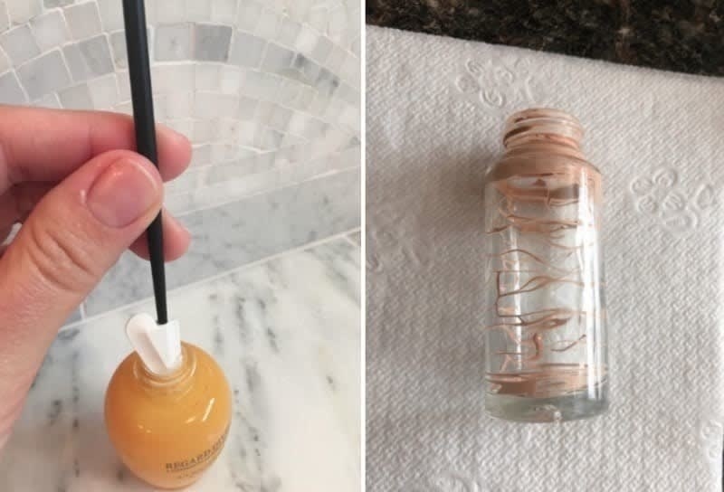 Reviewer using spatula in makeup bottle next to bottle that has been emptied