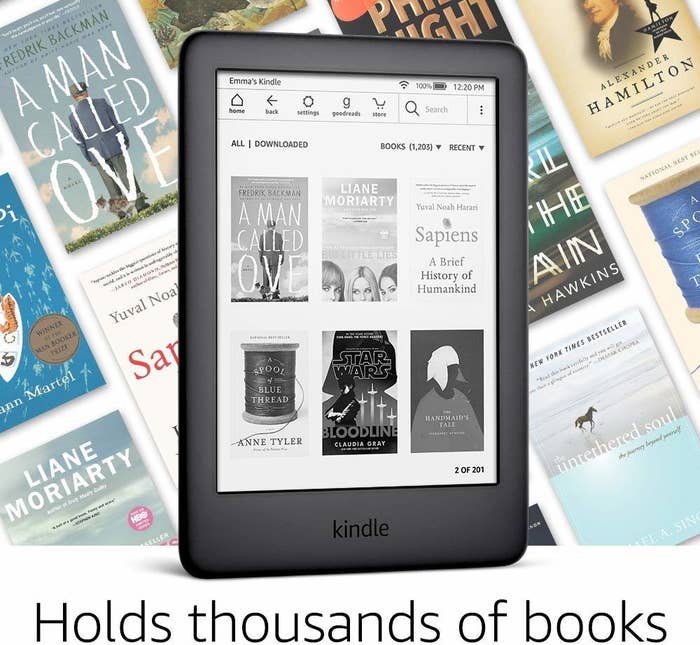 The black kindle with text &quot;holds thousands of books&quot;