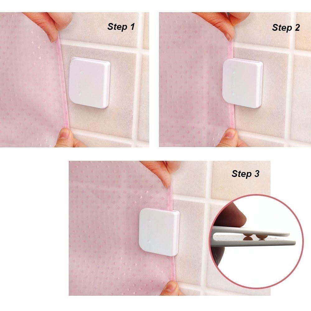 Step by step photos showing how to use the clips to secure the shower curtain