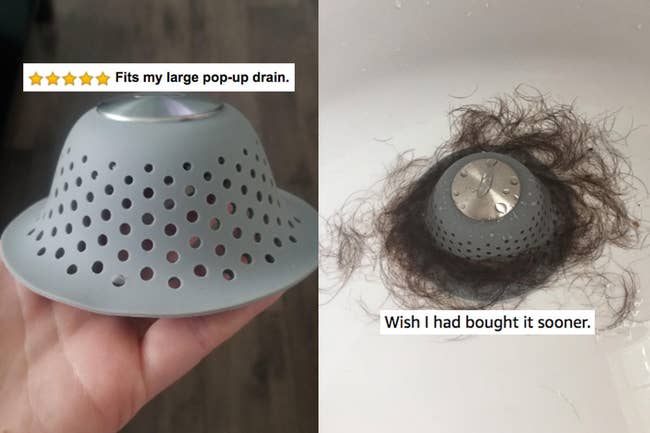 Split image of the reviewer holding the hair stopper in their hands and of the hair stopper surrounded by hair when placed over the drain