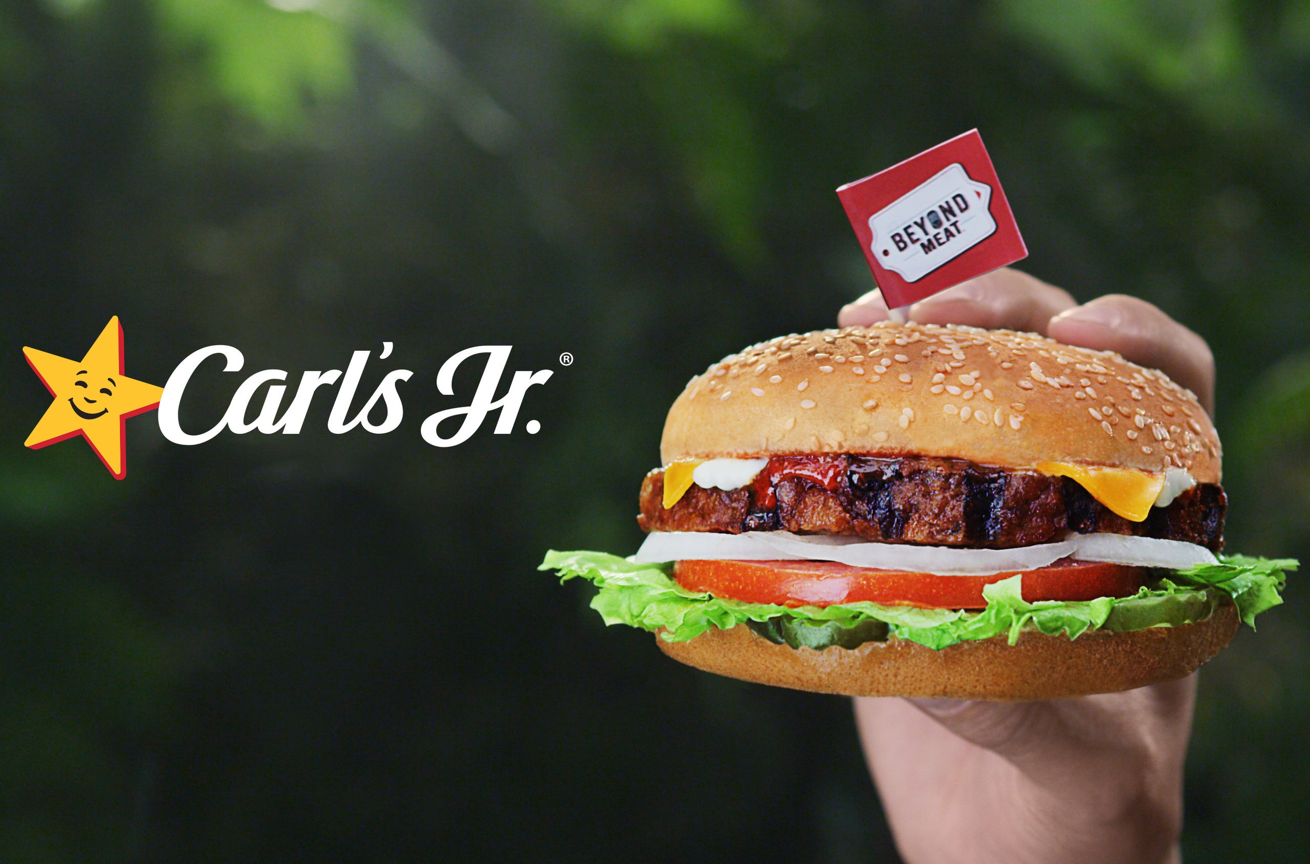 a beyond meat burger with the carl&#x27;s jr. logo