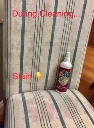 reviewer showing a bottle of wine stain remover next to a stained chair