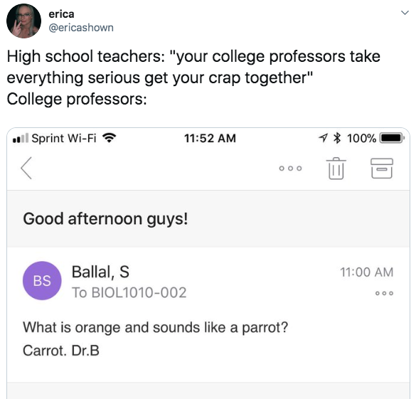 tweet about how college professors are super serious with an email screen cap of a professor asking what is orange and sounds like a parrot. it&#x27;s a carrot