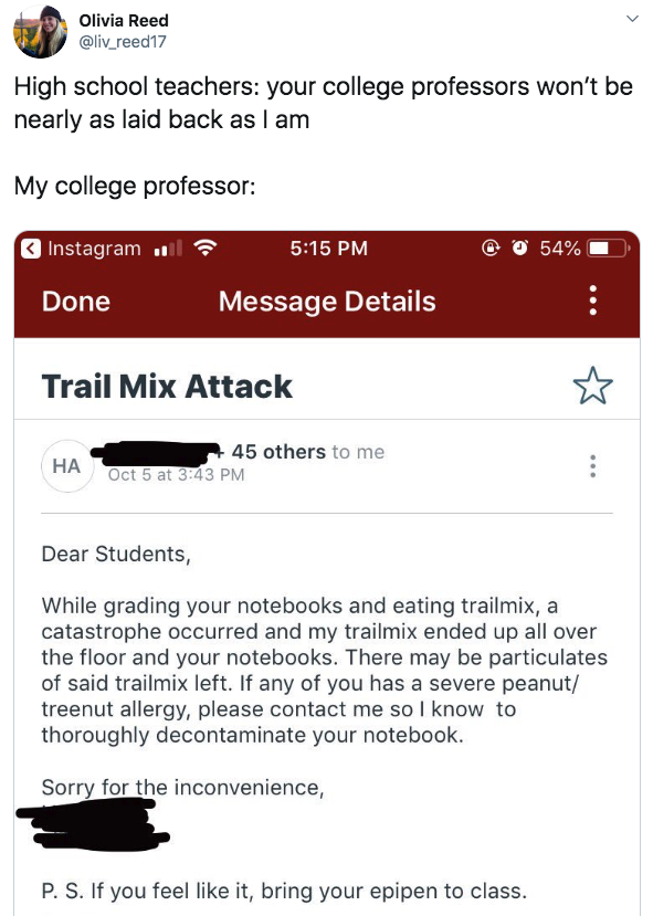 Email from a professor titled trail mix attack about how they spilled trailmix all over every single student&#x27;s papers