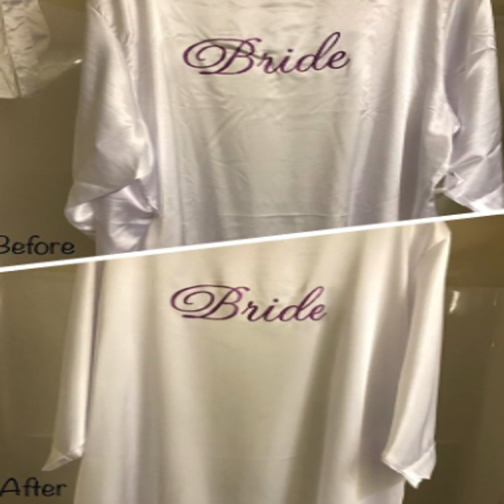 a satin bridal robe with wrinkles and then without it after using the steamer