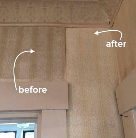 Reviewer's before-and-after of a wall looking dingy and dirty compared to it looking much brighter and cleaner