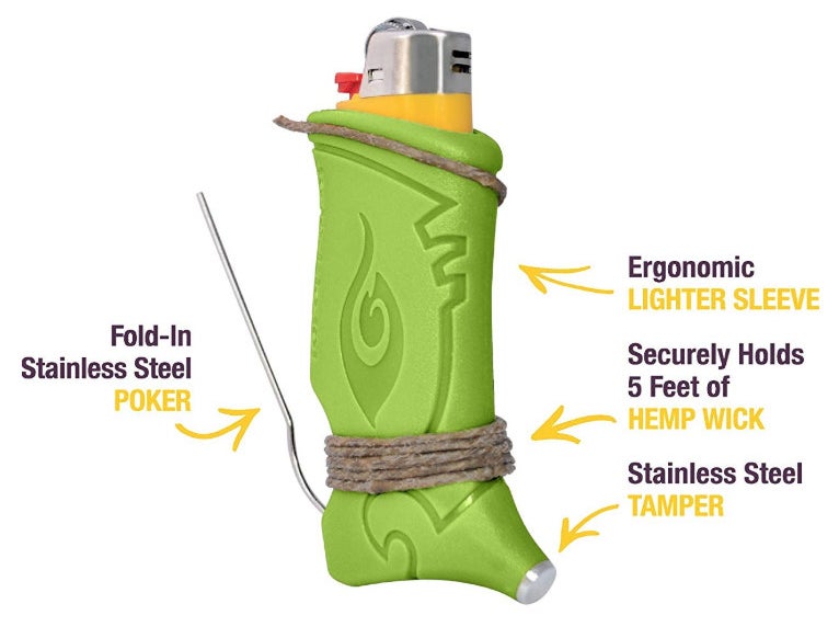 A lighter with hemp wick, steel poker, tamper, and sleeve