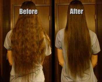 Reviewer before and after showing the mask smoothed and reduced frizziness of their waist-length hair
