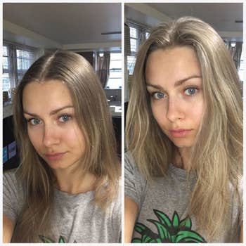 Another reviewer's before and after showing the dry shampoo removed greasiness and added volume