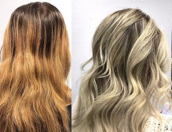 Reviewer before and after showing the shampoo took their hair from orange and brassy to cool and light blonde