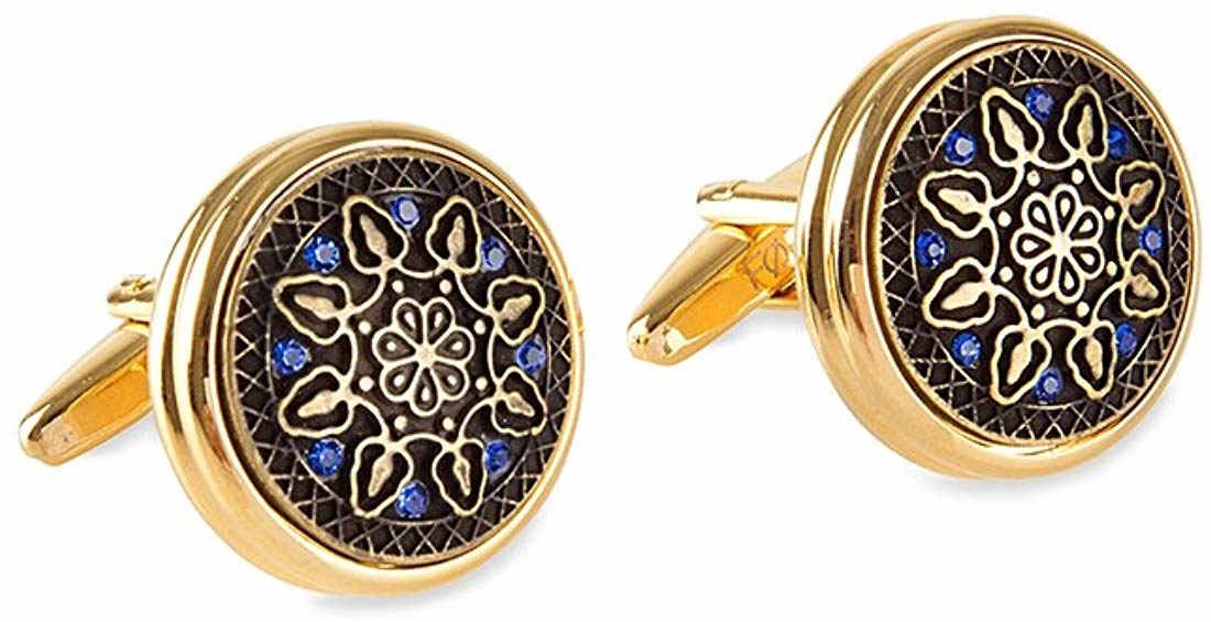 Cufflinks in gold, blue, and black.