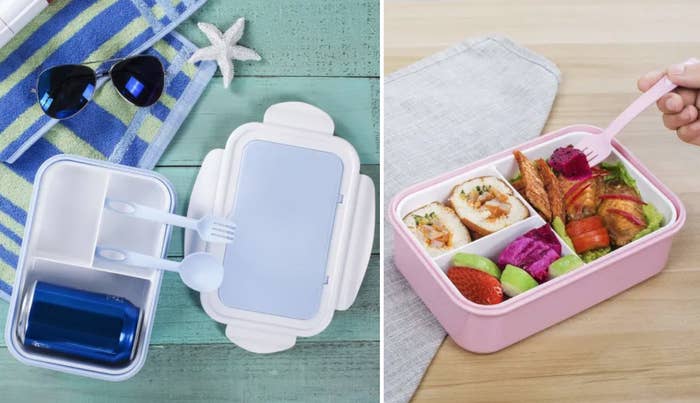 Two bento boxes in pastel blue and pink with three compartments for food and matching utensils