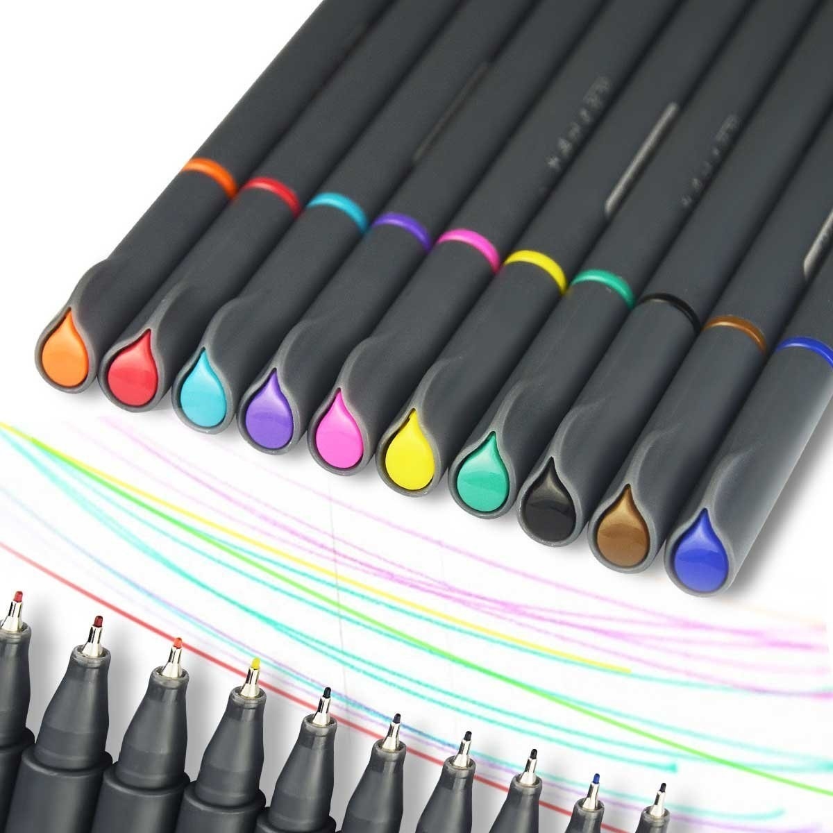Ten coloured pens lying on a plain piece of paper