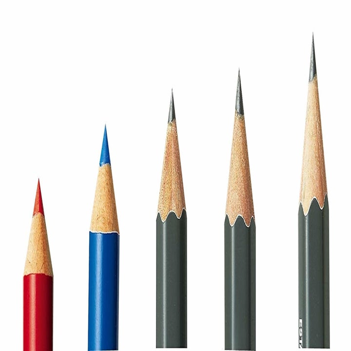 Five sharpened pencils of different sizes