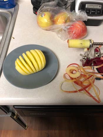 reviewer's peeled apple, sliced evenly in the device