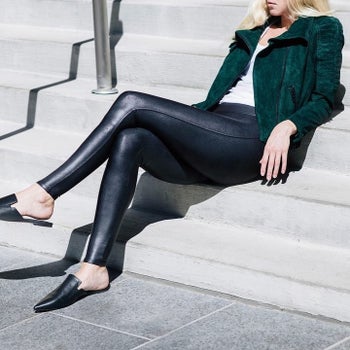 a model in the faux leather leggings