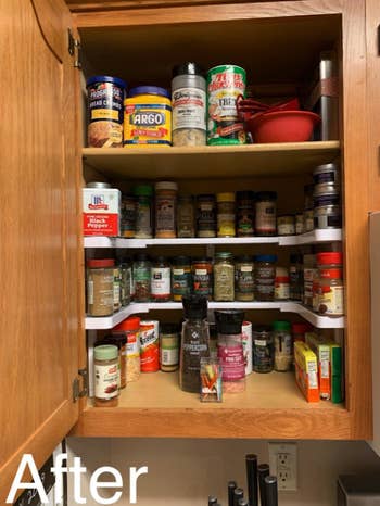 all spices in the cabinet lined up on the U-shaped organizer. Because of the shape, there's extra space in the center now