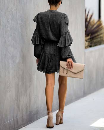 The back view of a model wearing the ruffled swing dress