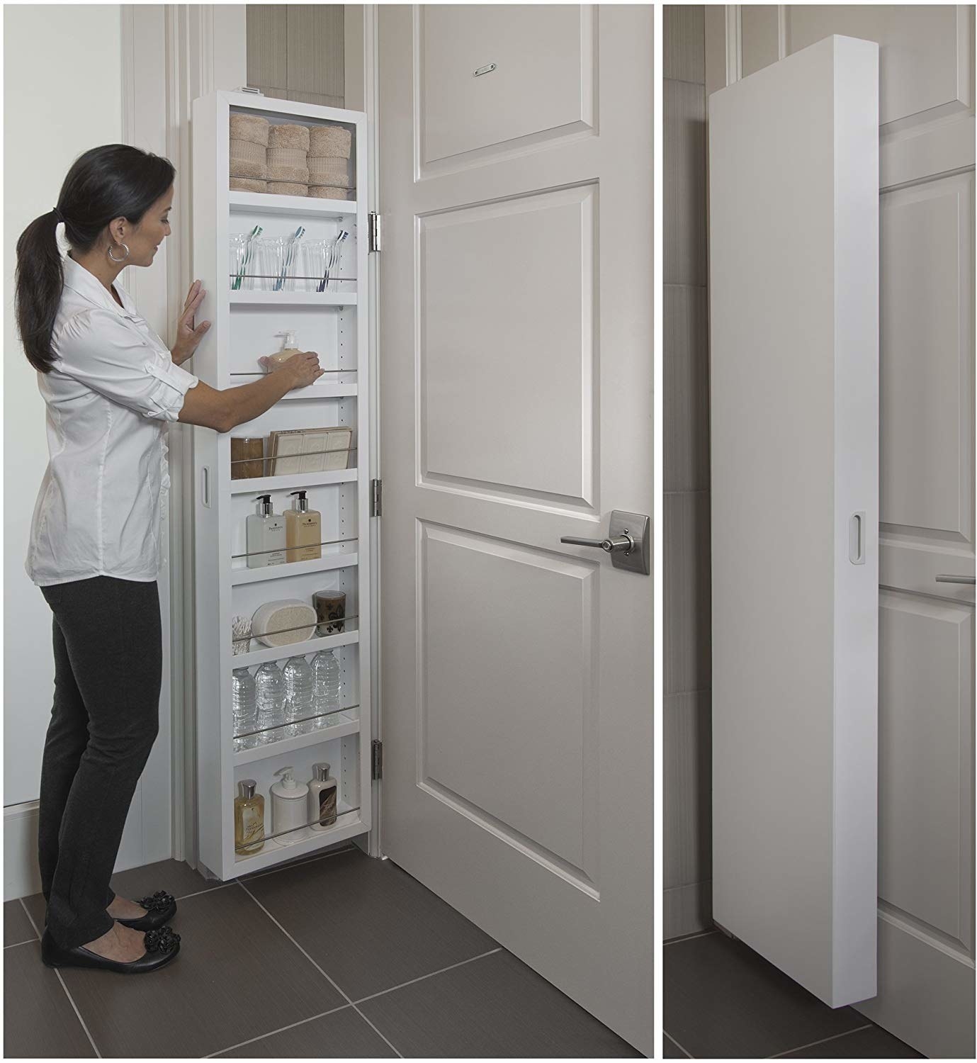 person looking at cabinet filled with bathroom items