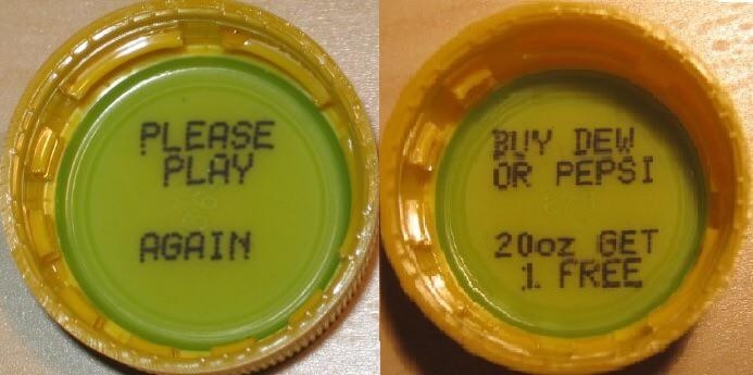A pair of old soda bottle caps that say &quot;please play again&quot; and &quot;buy Dew or Pepsi 20oz get 1 free&quot;