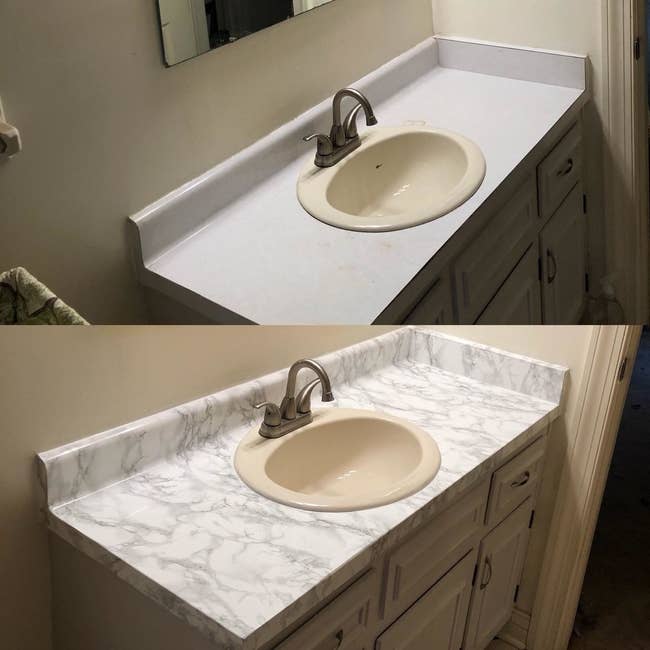 on top a reviewer's plain bathroom counter, on the bottom the same counter covered in marble film
