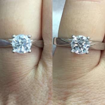 Reviewer photo of a diamond ring before and after using the dazzle stick with the diamond all cloudy on the left and super clear on the right