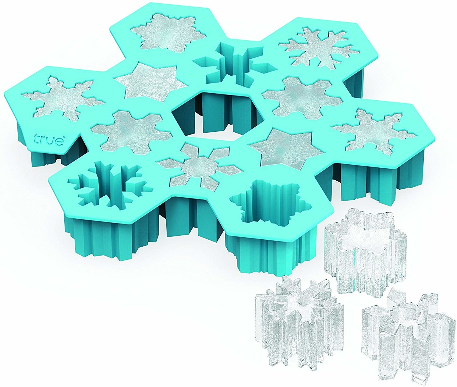 A snowflake-shaped ice cube tray producing small snowflake-shaped ice cubes